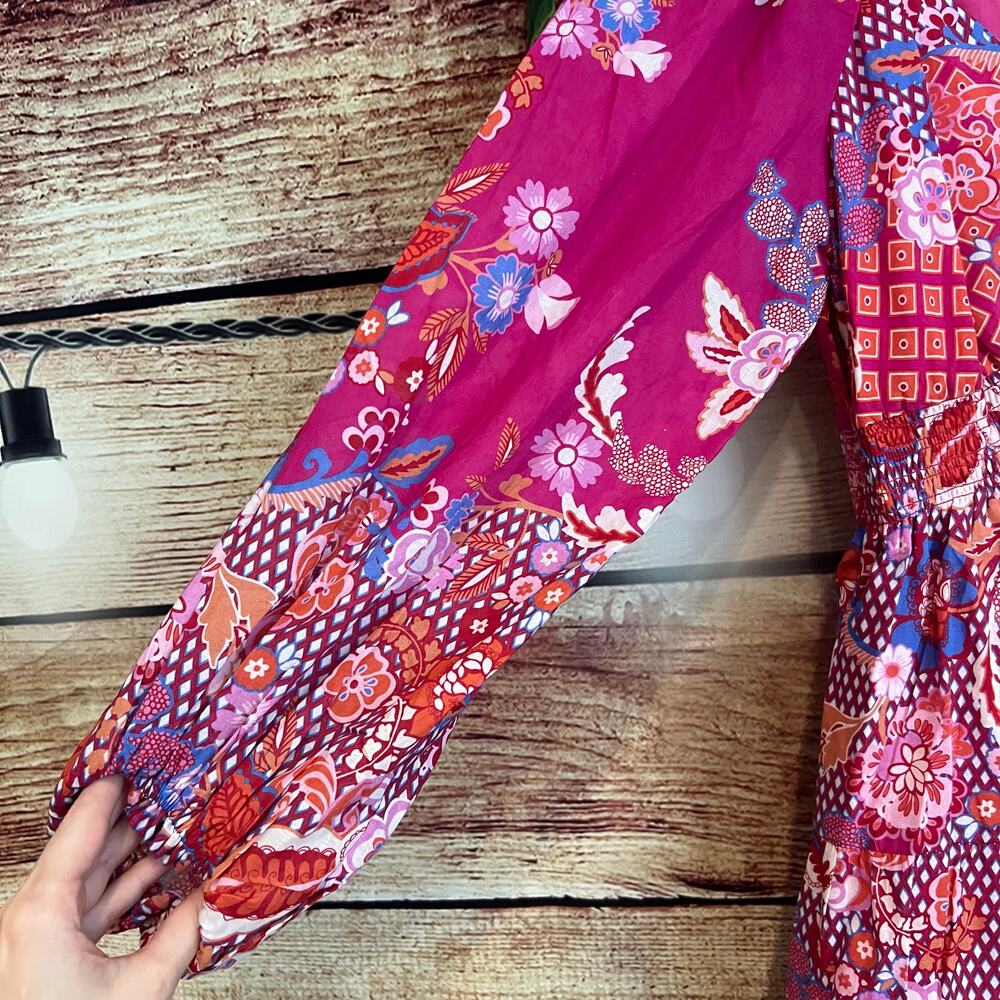 Hale Bob Mini Dress XS Paisley Fuchsia Bubble Long Sleeves Pink Floral Sundress - Picture 4 of 7